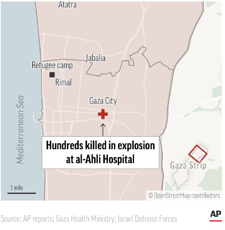 加沙城的阿赫利阿拉伯医院17日遭到袭击并发生爆炸，造成至少500人死亡