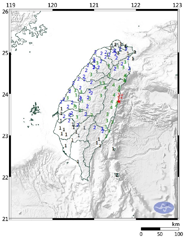台湾花莲县昨晚今晨地震不断，其中震度4以上地震发生3起